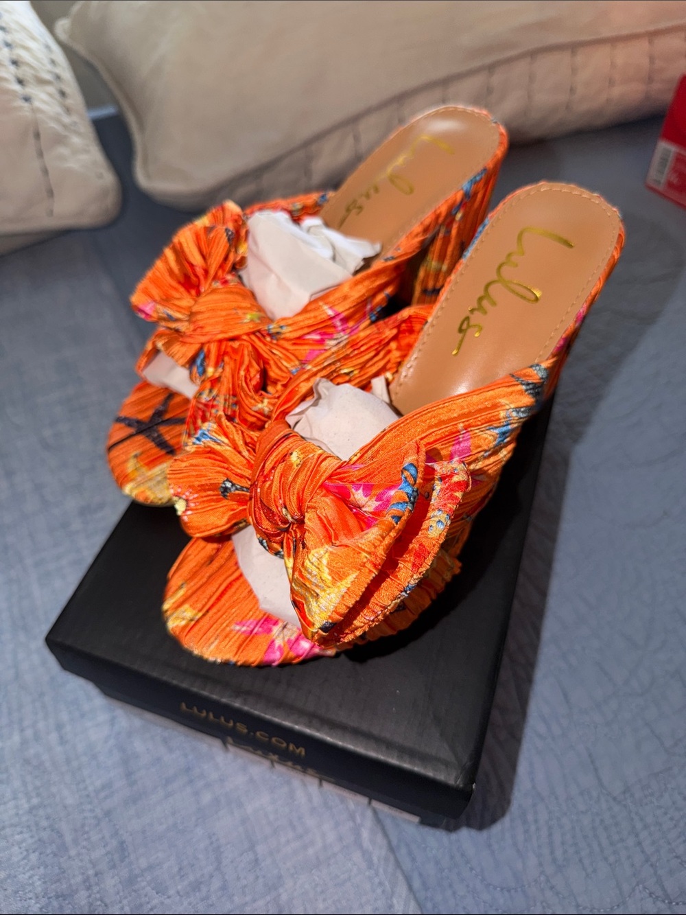 Lulu's Bright Orange Floral Knot Slide Mules